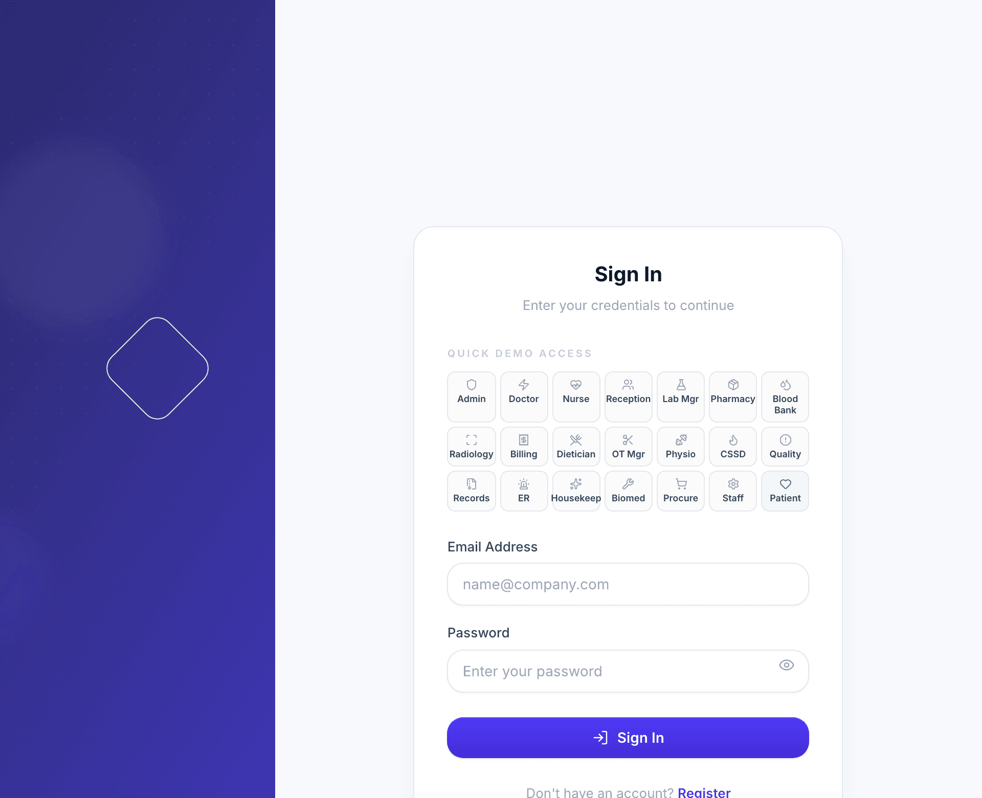 SynaCare — Twenty-one roles, and the demo opens in any of them