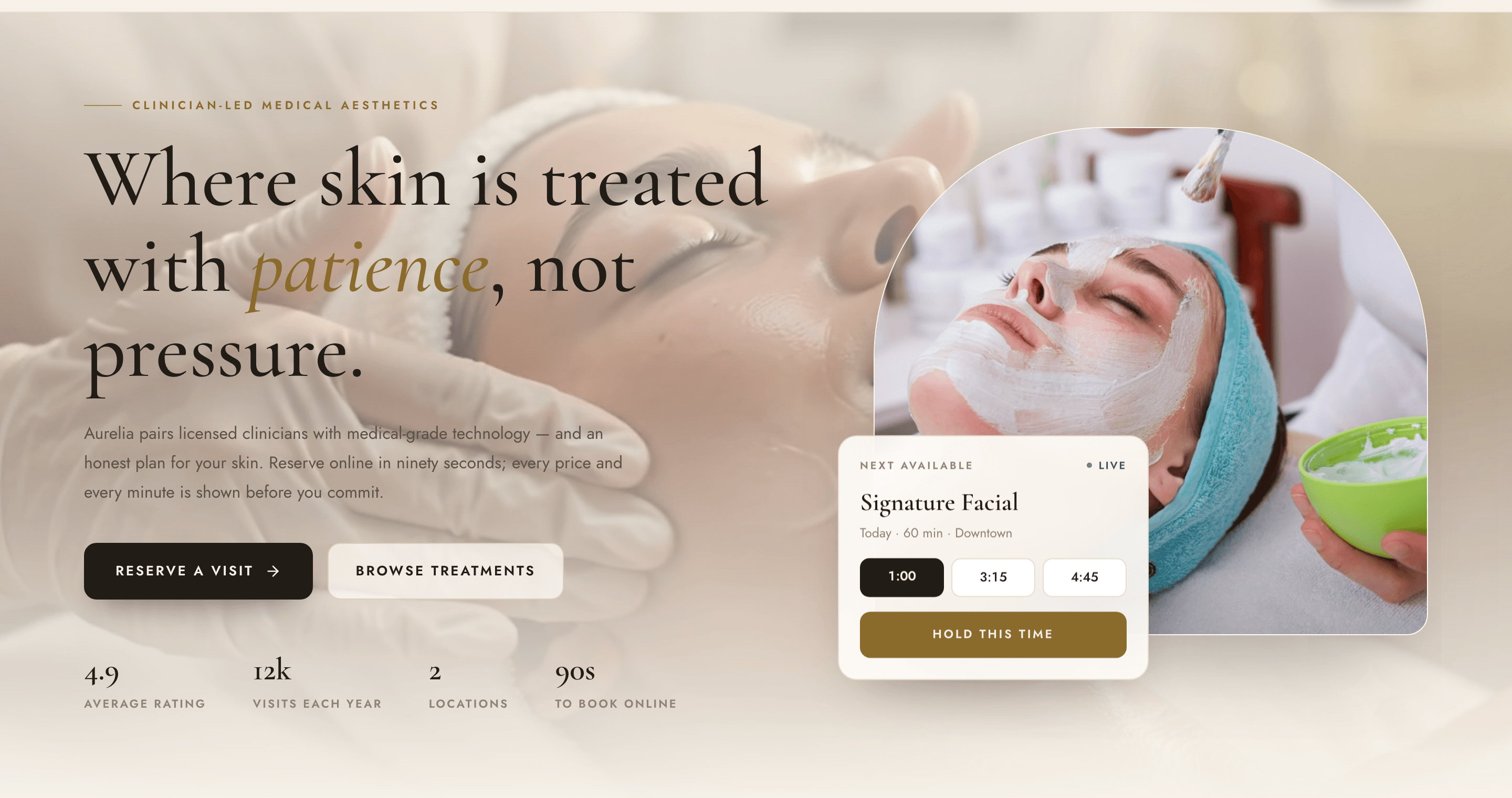 The patient side of ClinicOS: a clinic's own site showing live availability, with a 1:00 slot ready to hold