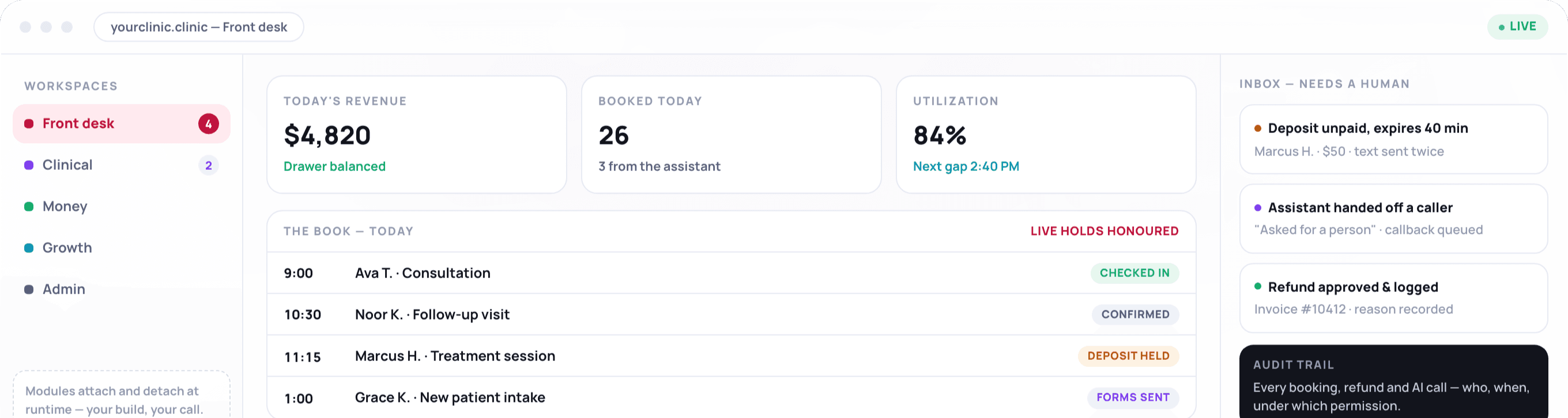The ClinicOS front desk: today's revenue, the day's book with live holds, and an inbox of the items that need a human